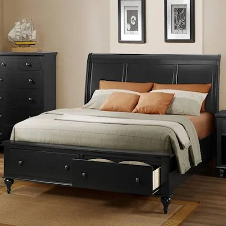 Queen Transitional Low-Profile Paneled Bed with Footboard Storage
